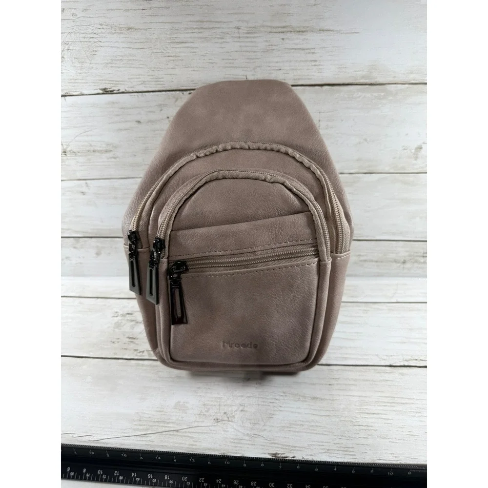 Mroede Taupe Vegan Leather Sling Bag Crossbody Backpack Geometric‎ Strap NEW